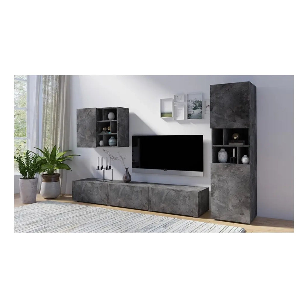 Set di mobili per soggiorno NARVA - Colore ardesia - Mobile TV + Mobile sospeso + Vetrina