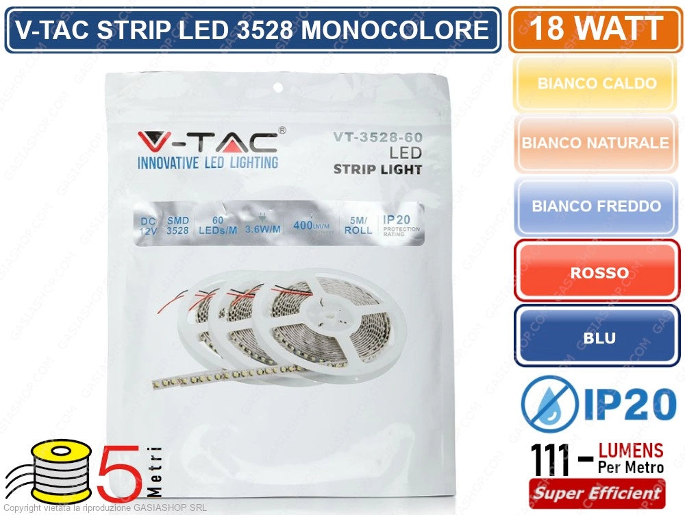 V-TAC STRISCIA LED 3528 MONOCOLORE 300 LED BLU ROSSA CALDA FREDDA NATURALE BOBINA DA 5 METRI IP20 - Colore Luce:Rosso
