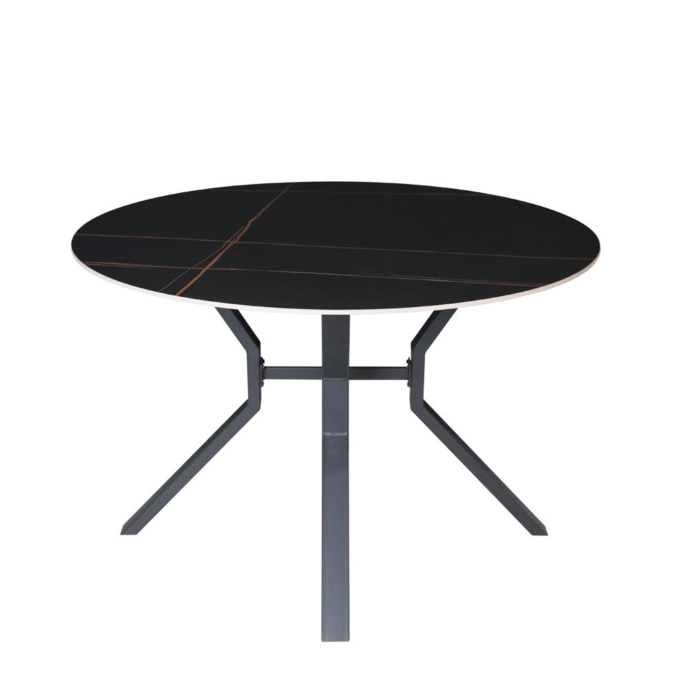 Tavolo rotondo fisso Aurora con piano in ceramica nero opaco con venature oro e struttura in metallo nero