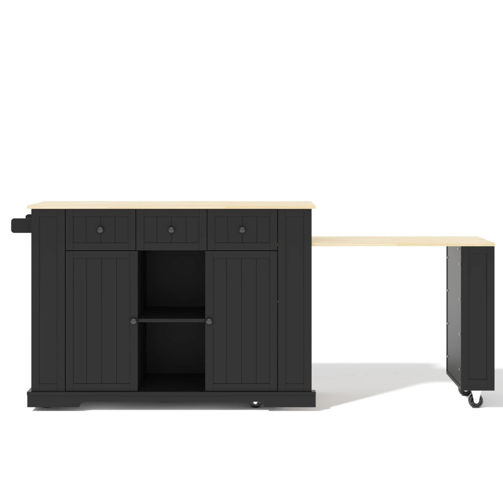 Isola da cucina mobile con tavolo estraibile; prese USB e 2 prese EU; 138(213)x55x93 cm; nero e naturale