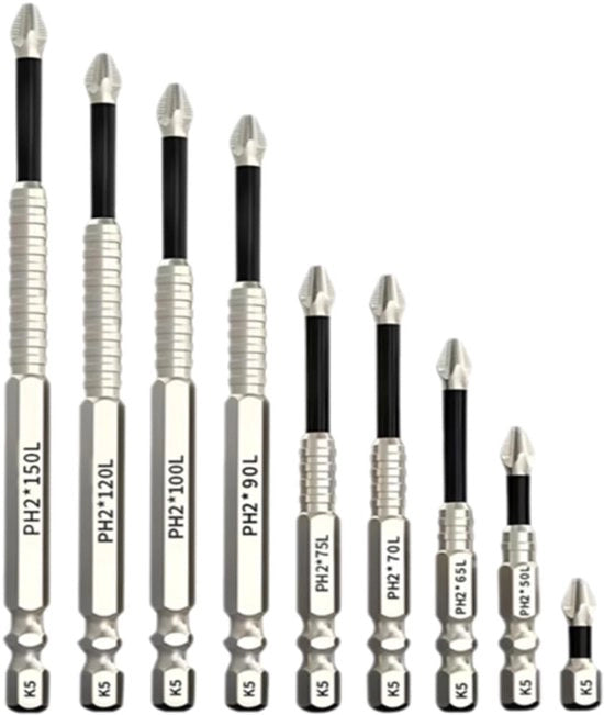 Set di Bit a Maglia Antiscivolo 9 pezzi – PH2 Bit a Maglia Magnetici – Acciaio Inox – 25-150 mm – Duraturo, Ergonomico & Antiscivolo – Per DIY, Riparazione & Professionisti