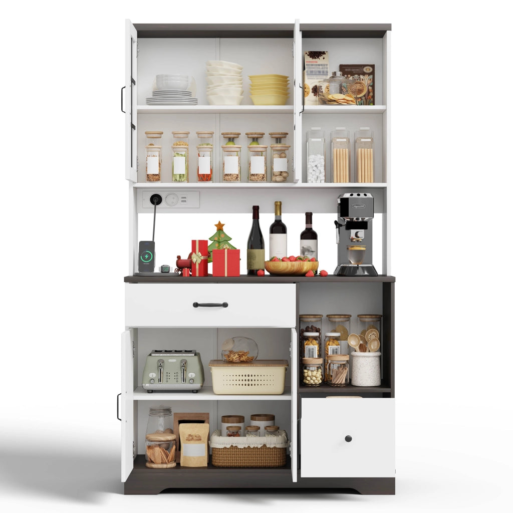 Credenza da cucina vintage con LED RGB, prese USB/AC, ripiani regolabili e cassetti, 105x40x185 cm
