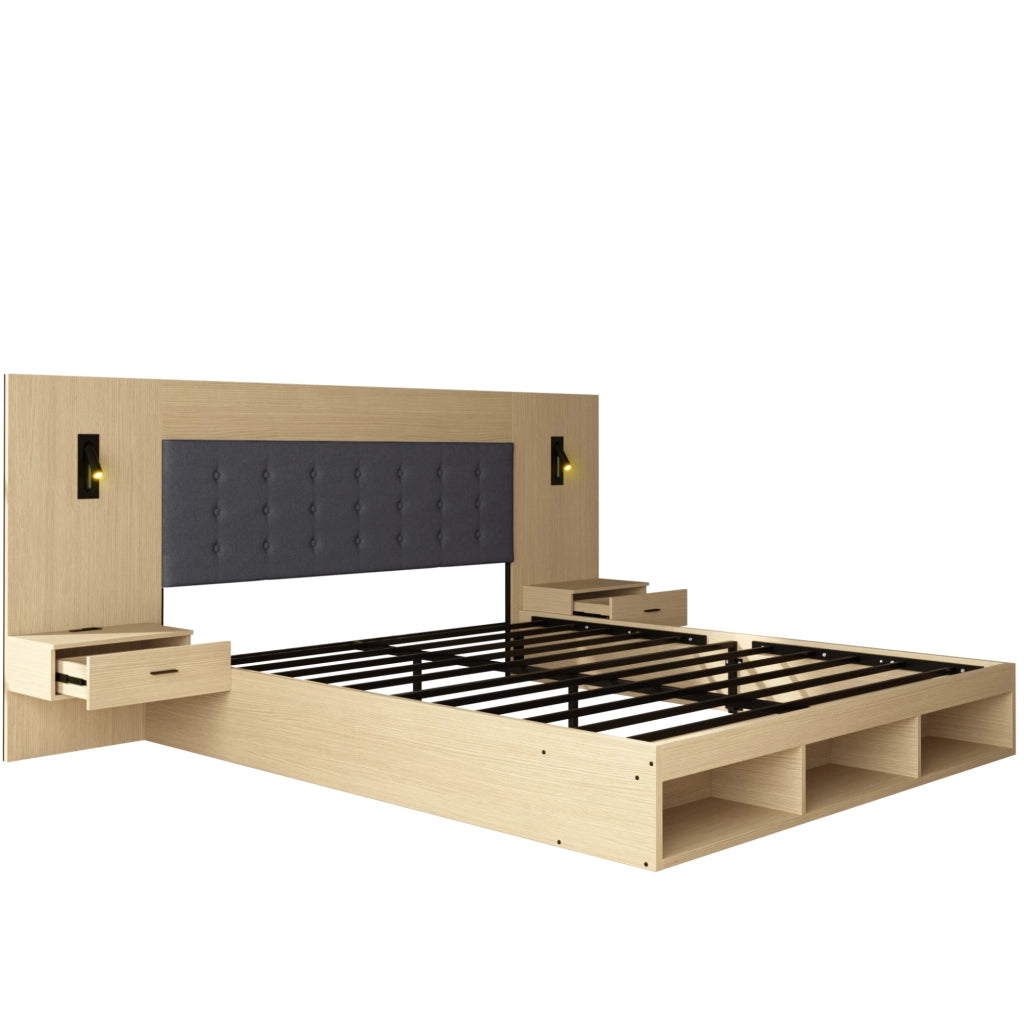 Letto matrimoniale 180x200 cm con USB, USB-C, faretti e comodini in MDF rovere chiaro