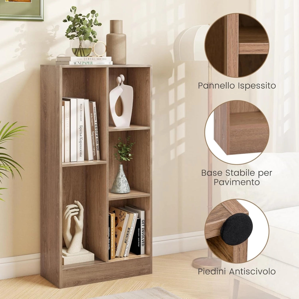 Libreria a 5 Cubi, Organizzatore di Stoccaggio Autoportante a 3 Livelli con 2 Kit Antiribaltamento, Mensola in Legno per Soggiorno Camera da Letto Ufficio, 50x24x104 cm (Naturale)