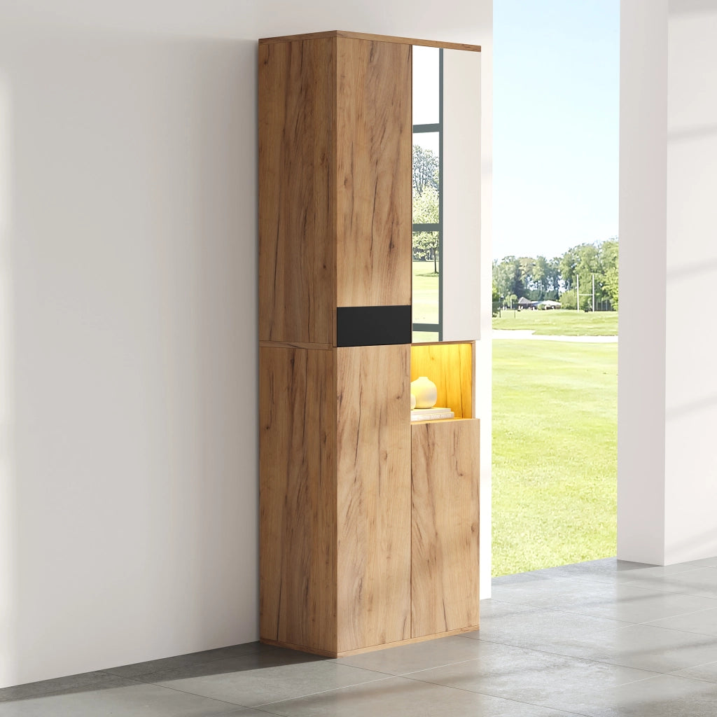 Armadietto a specchio alto con 4 ante 12 vani e vano aperto in truciolare nero naturale 65 × 35 × 190 cm