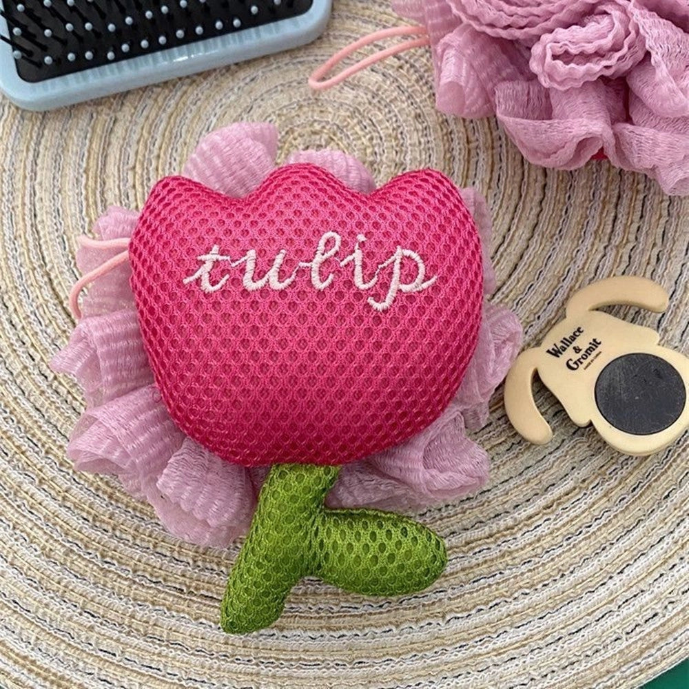 Trade Shop - Spugna Doccia A Rete Bagno Esfoliante Pelle Corpo Con Fiore Di Tulipano Rosa 10771 -