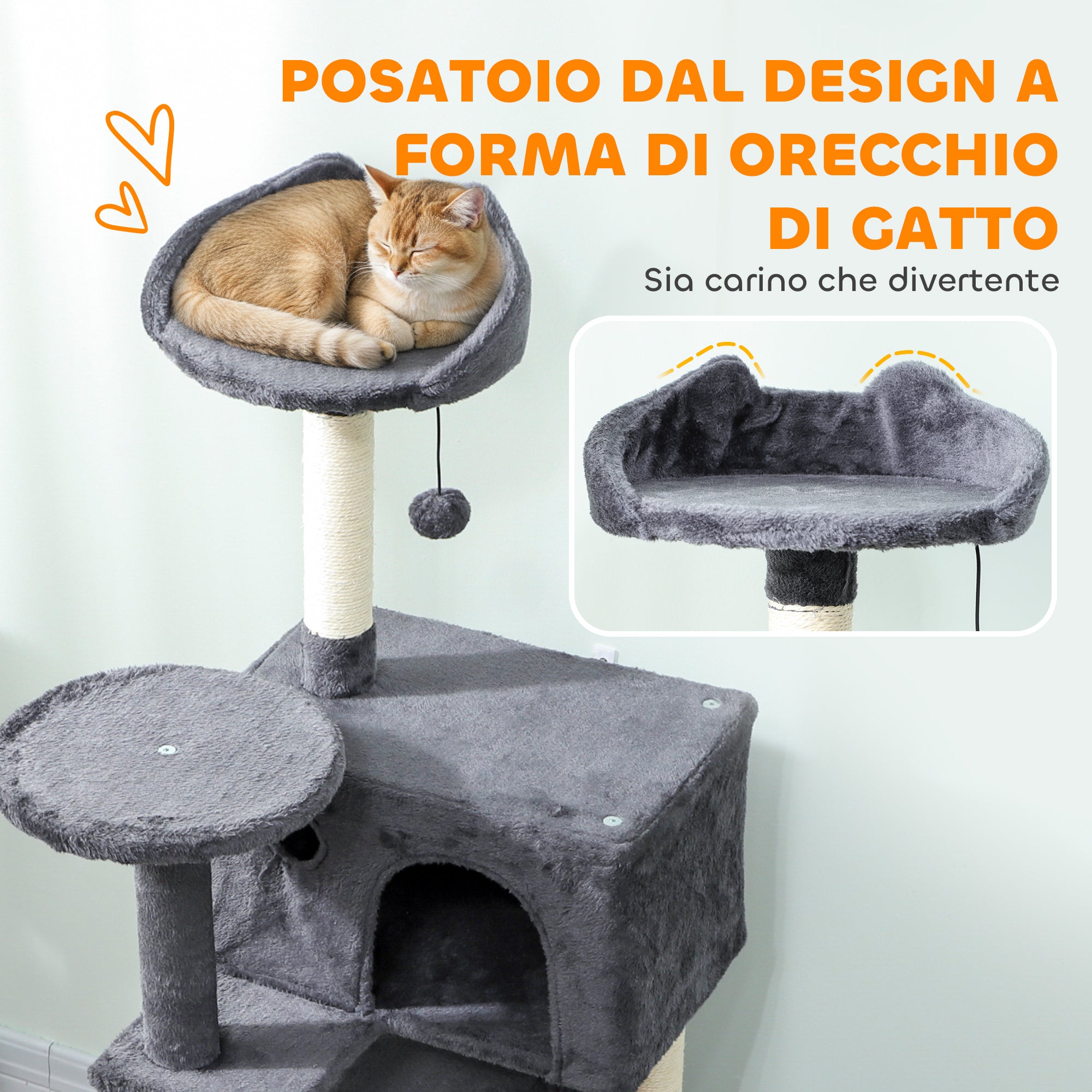 Albero Tiragraffi per Gatti Alto 140 cm con 2 Casette Lettino e Amaca per 2-3 Gatti in Peluche Grigio