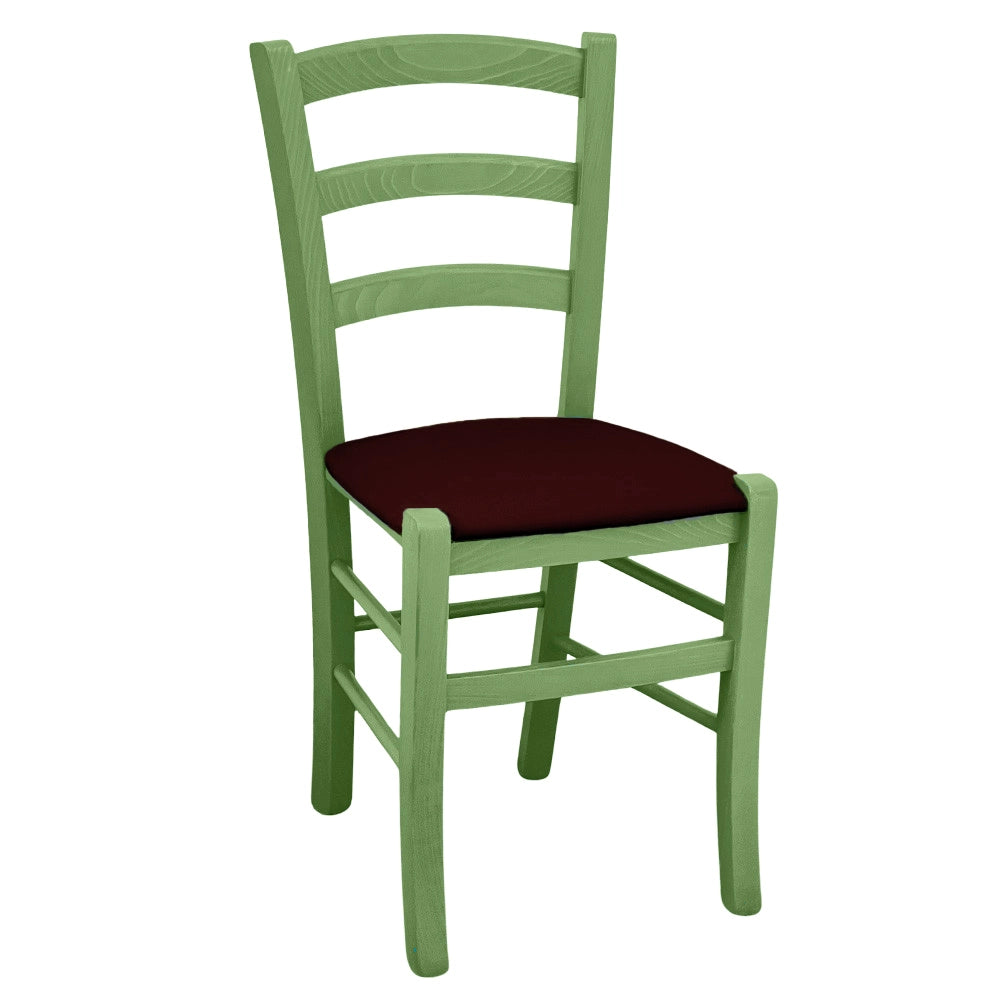 Sedie da sala da pranzo in legno Venezia verde con seduta in similpelle marrone