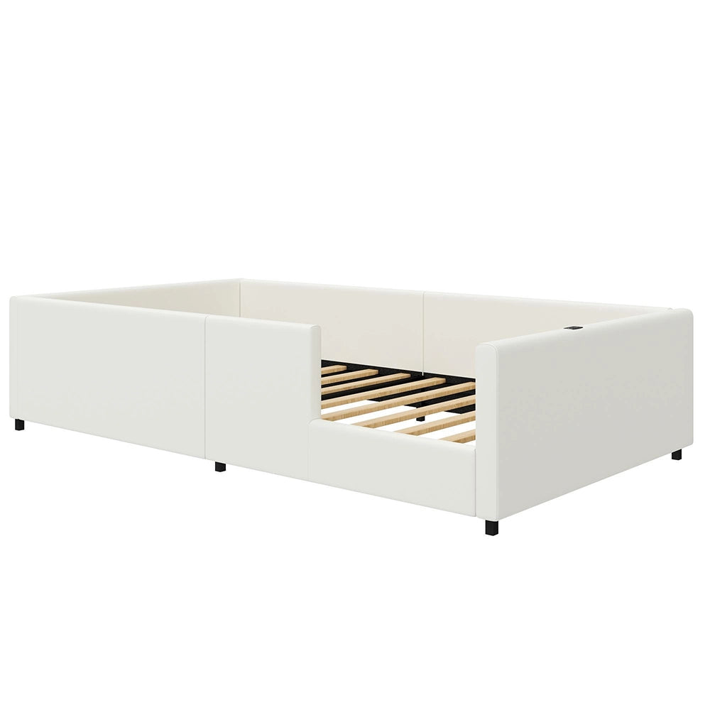Letto 90x200cm con barriera - Xylo - piattaforma imbottita USB bianco
