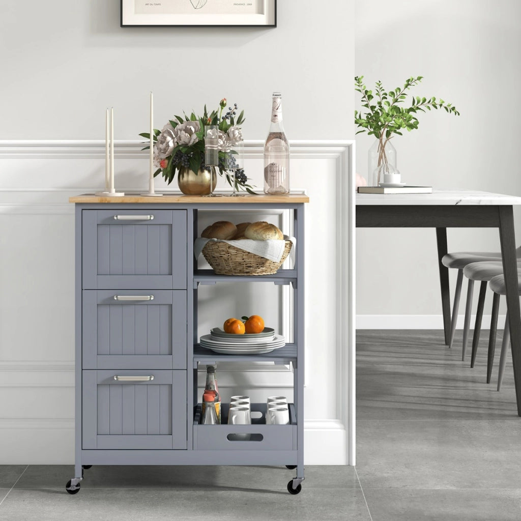 Isola cucina con ruote bloccabili piano in legno di gomma e 2 ripiani rimovibili-Carrello multiuso Grigio