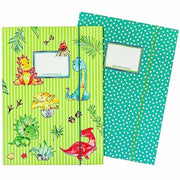 Schedario per bambini di alta qualità 2 pezzi DIN A4 | Motivo dinosauro - cartellino per studenti della scuola primaria - quaderno di appunti e collezione - zaino per scuola - set numero 4