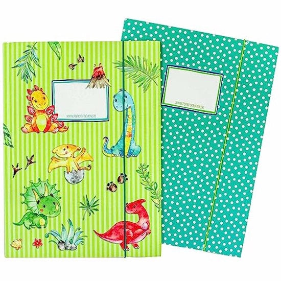 Schedario per bambini di alta qualità 2 pezzi DIN A4 | Motivo dinosauro - cartellino per studenti della scuola primaria - quaderno di appunti e collezione - zaino per scuola - set numero 4