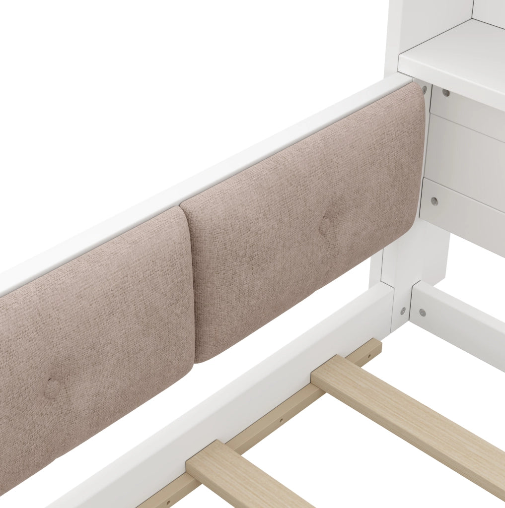 Letto per bambini 140x200 cm con sponde; LED e testiera con contenitore; bianco