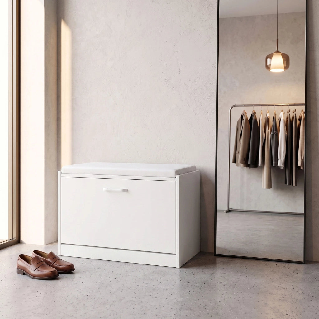 Kaizen - Panca da Ingresso con Scarpiera 63x47x30 cm 9 paia Portascarpe con Cuscino in Legno Bianco