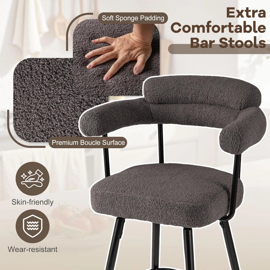 Set di 2 Sgabelli da Bar Girevoli Altezza 69 cm, Sedie Moderne Imbottite con Tessuto Boucle, Schienali Curvi e Gambe in Metallo, Sedie Girevoli per Isola Cucina, Casa, Bianco/Grigio (Grigio)
