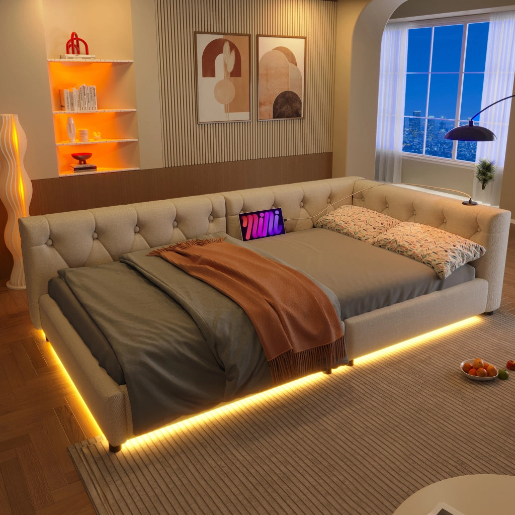 Letto divano con rete a doghe in lino beige 90x200 cm