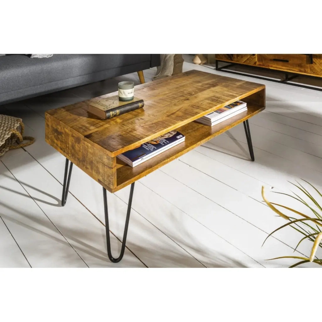Tavolino SILVA 100 cm in legno di mango massiccio e metallo nero – 2 vani
