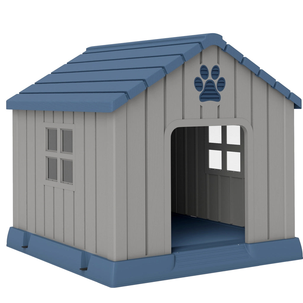 Casetta per Cani da Esterno 85x79x82 cm con Base Rialzata e Finestre in Plastica Grigio
