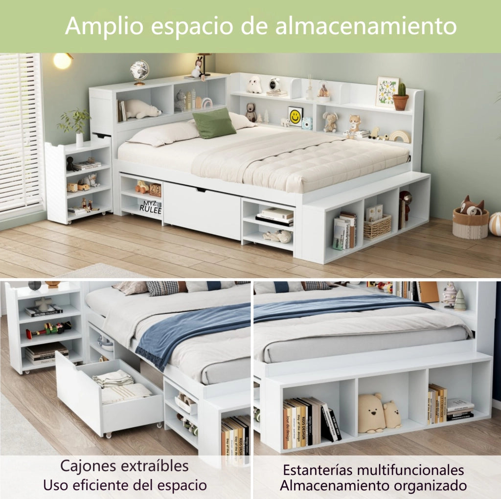 Letto per bambini per materasso 140 x 190 cm; con cassetti e vani; compensato bianco