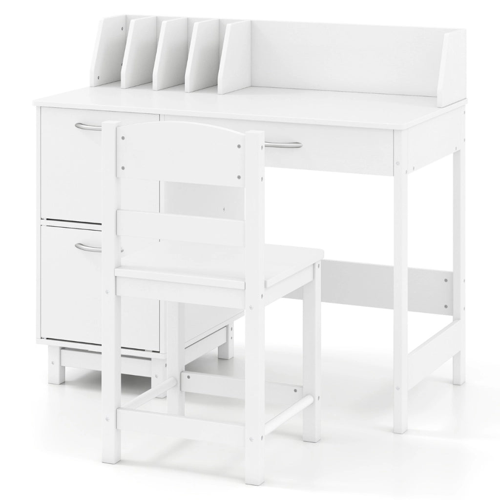 Postazione di lavoro per studenti in legno con divisori per libri, Scrivania per bambini con sedia per bambini 3+ anni Bianco-Tavoli e sedie