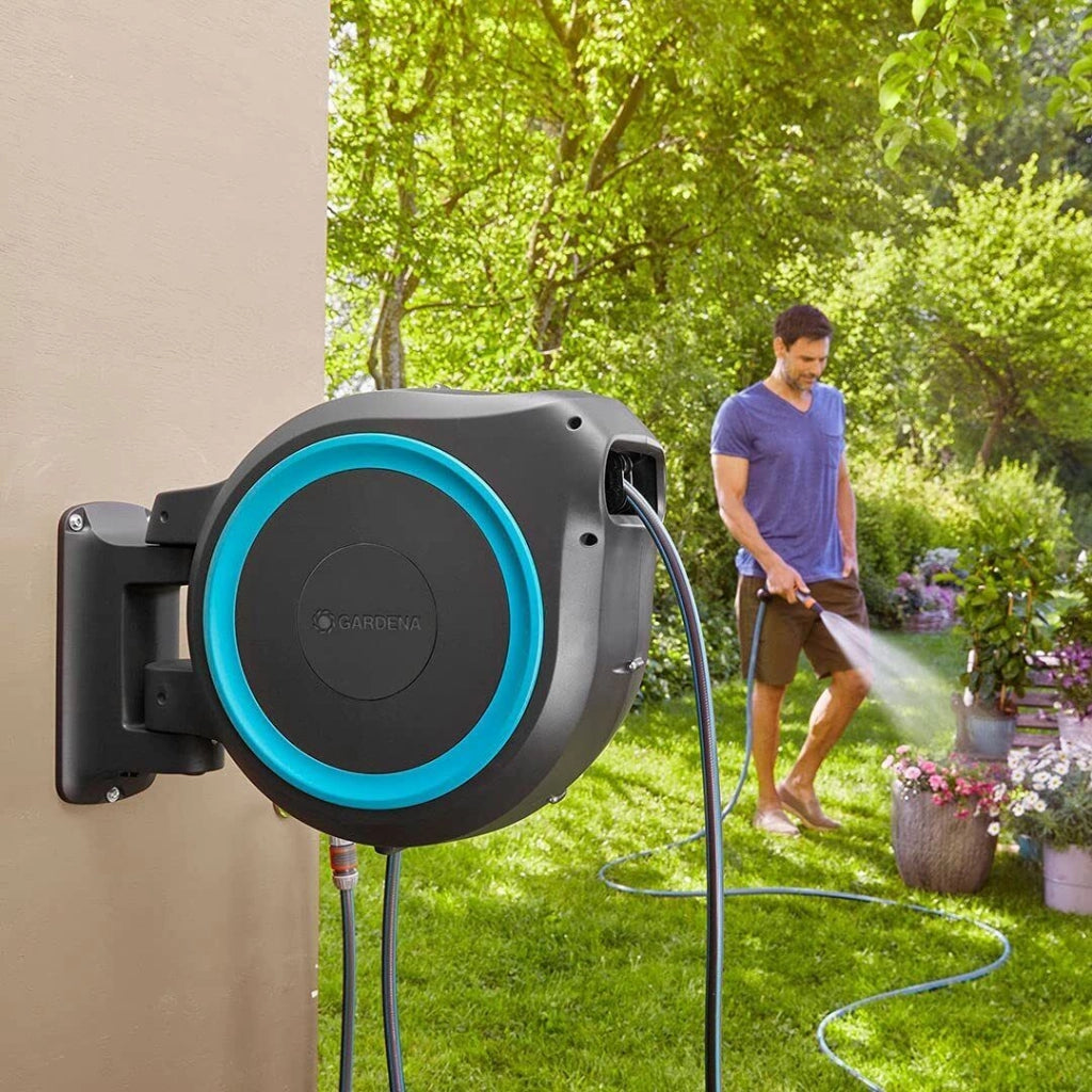 GARDENA 18630-20 RollUp XL Avvolgitubo a Parete 35 m Diametro 13 mm Rotazione 180° con Lancia e Raccordi colore Azzurro