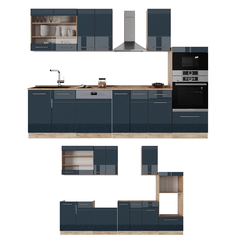 Cucina componibile Fame-Line Blu scuro lucido/Rovere dorato 300 cm con armadio alto, PL Marmo Vicco