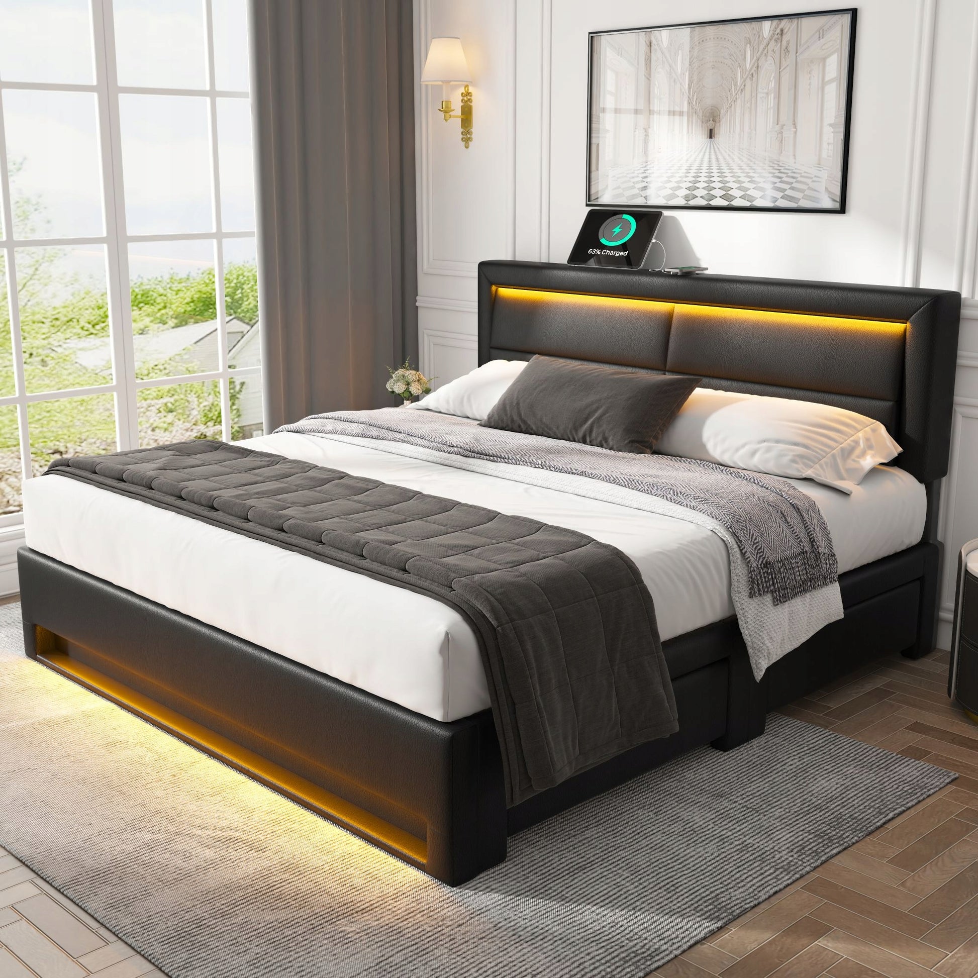 Letto Matrimoniale - Xylo - 140x190cm - Nero PU - USB LED 4 Cassetti
