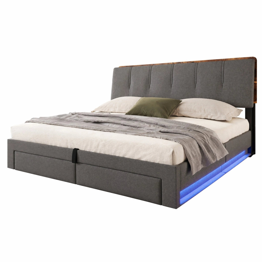 Letto matrimoniale imbottito 180x200 cm in lino grigio con contenitore; USB e LED