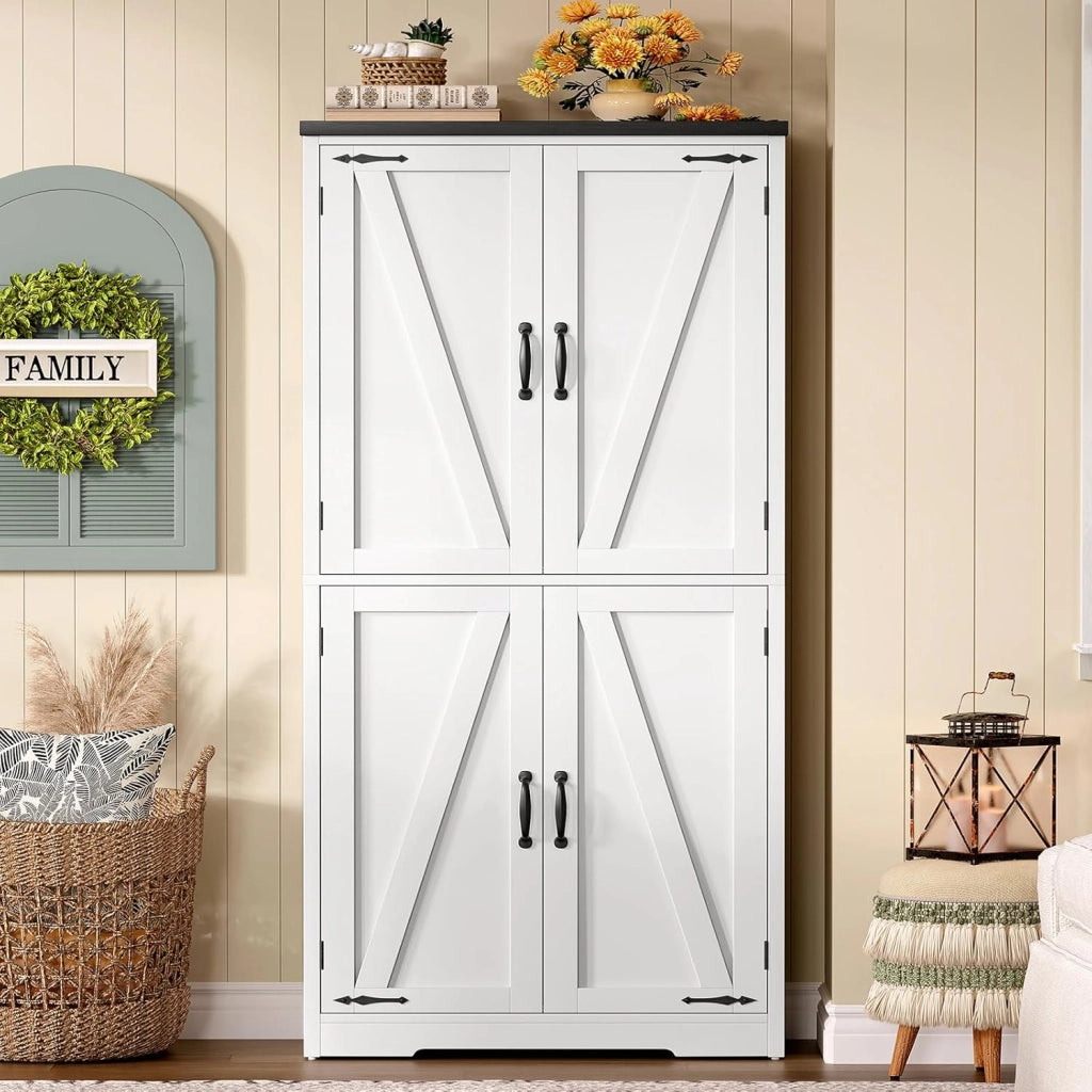 Credenza Cucina, Mobile Cucina con 4 Ante e Ripiani Regolabili, Dispensa Cucina con Maniglie Nere, per Soggiorno e Sala da Pranzo, Bianco – 60x30x148 cm