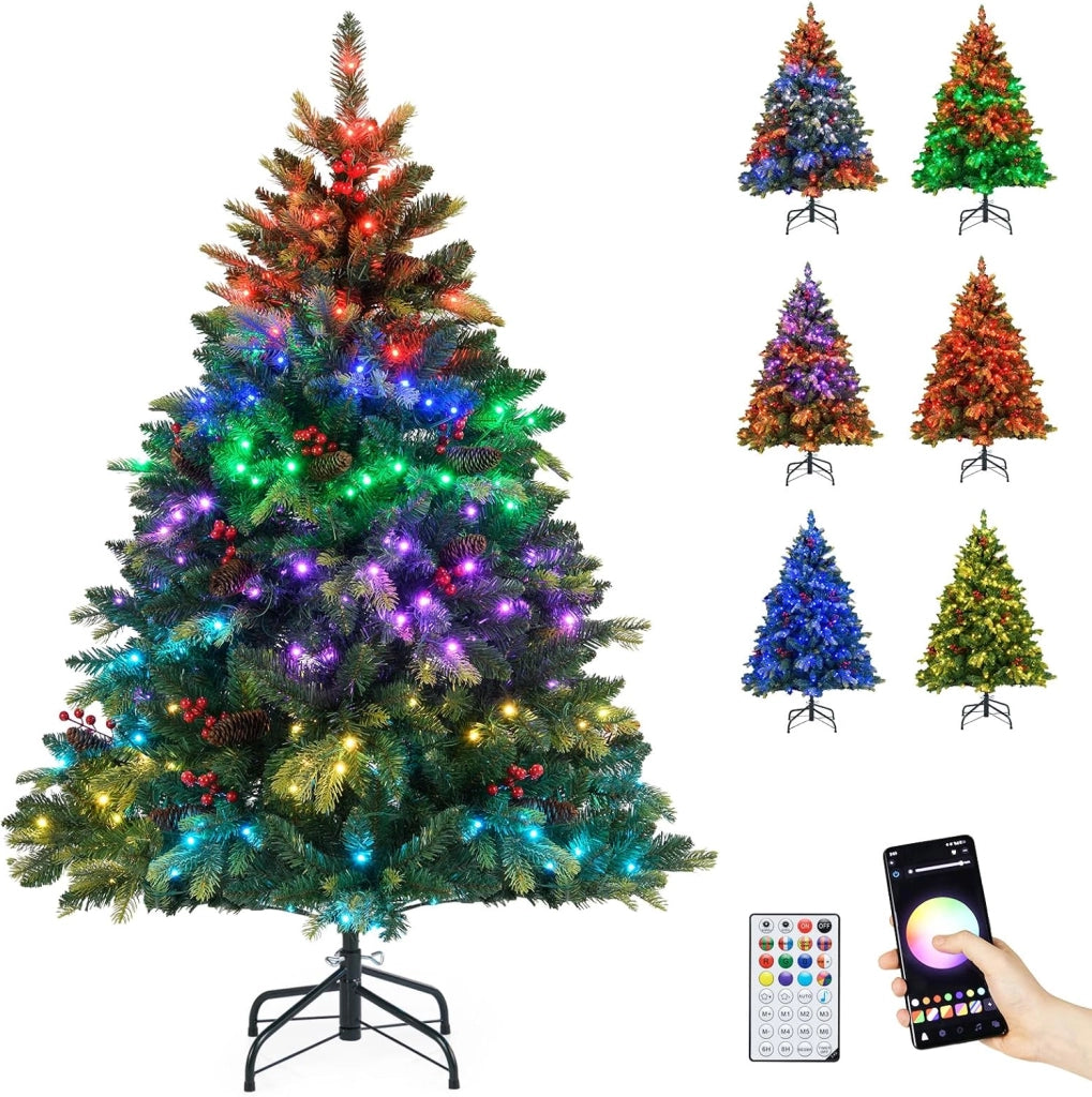 Albero di Natale Artificiale 150 cm, con 250 Luci RGB Multicolori Controllabili tramite APP, 584 Rami in PE & PVC, 23 Pigne e 23 Bacche Rosse e Controllo Remoto (150 cm)