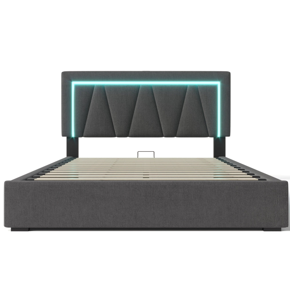 Letto imbottito 160x200 cm con LED; USB e Type-C; contenitore; materasso incluso; grigio