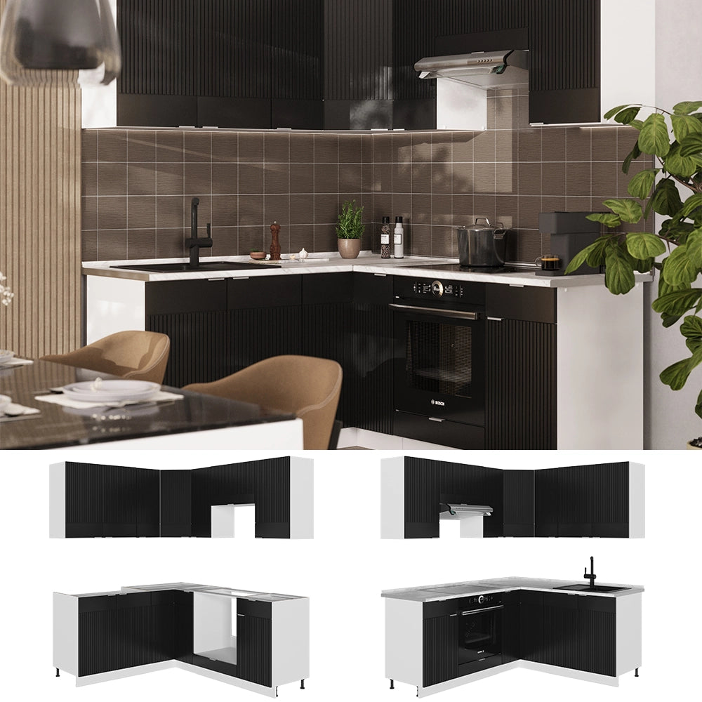 Vicco Cucina angolare completa Nero a righe/bianco 160 x 190 cm , PL Rovere