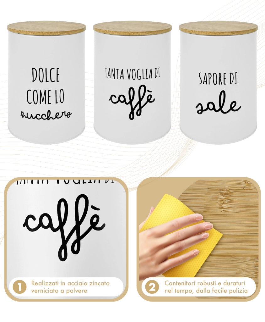 Contenitori Certificati Contatto Alimentare Contenitore Sale Zucchero Caffè Moderne Scritte Barattolo Con Coperchio Ermetico Legno Bambù Dispenser Organizzatori Alimenti Spezie Bianco Nuovo