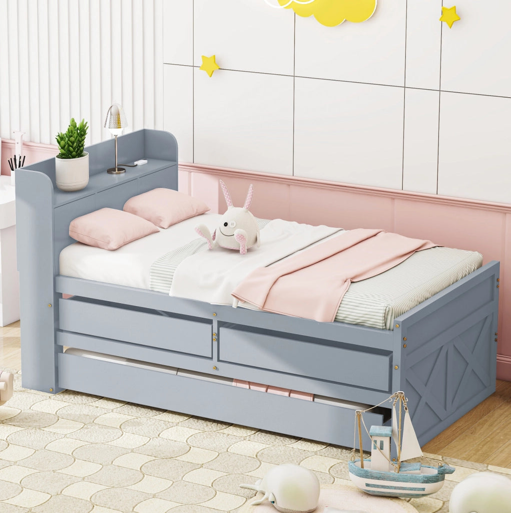 Letto in legno multifunzionale 90x190 con contenitore, cassetti e USB