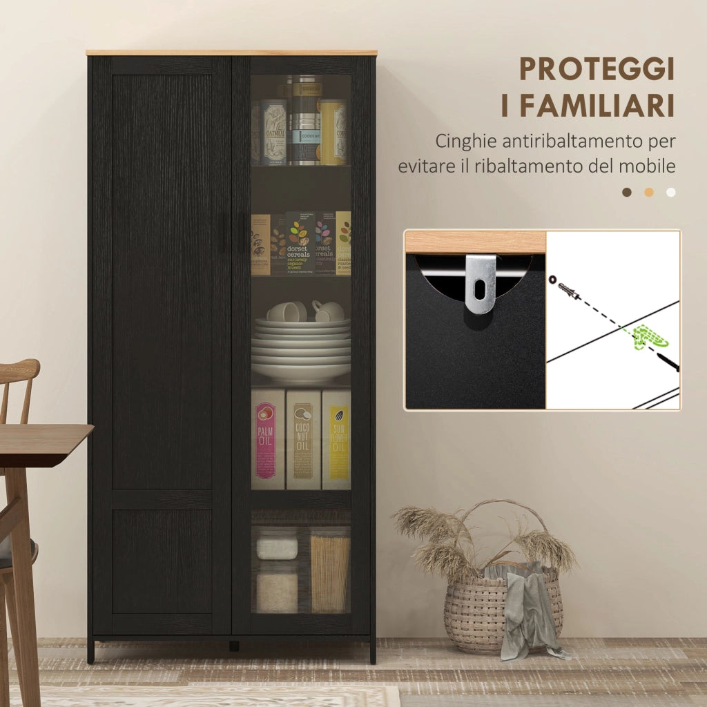 Credenza Stile Moderno Mobile Alto a 9 Ripiani Regolabili con Ante in Vetro 76x36x160 cm Nero e color Legno