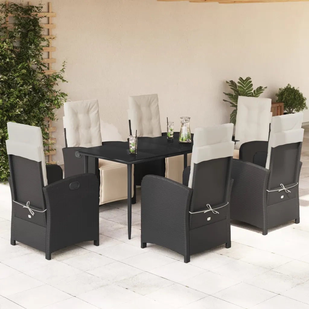 Set da Pranzo da Giardino 7 pz Nero con Cuscini in Polyrattan