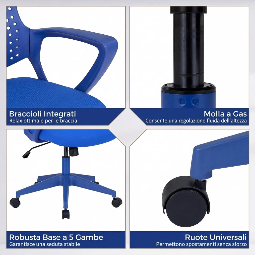 Sedia da Ufficio Ergonomica, con Schienale Reclinabile, Regolabile in Altezza, Sedia Scrivania con Seduta Girevole 360°e Ruote per Ufficio, Studio e Soggiorno, Portata 150 kg (Blu)