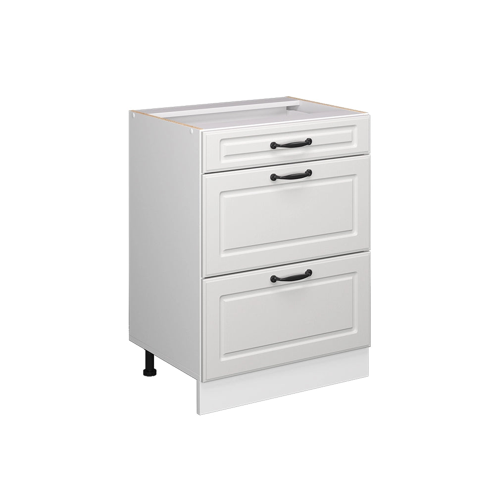Mobiletto base per cucina R-Line Bianco rustico/Bianco 60 cm con cassetti, senza piano di lavoro Vicco