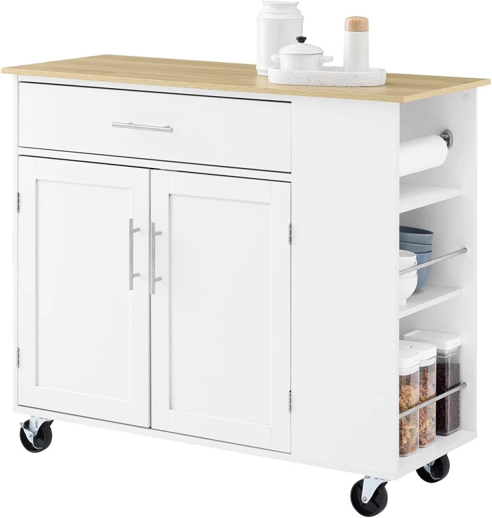 Isola Cucina con Ruote – Carrello Cucina Salvaspazio con Cassetto e Ripiano Regolabile – Mobiletto Cucina con Piano di Lavoro, da Pranzo o per Penisola Cucina, Bianco 99x40x85 cm FKW133-WN