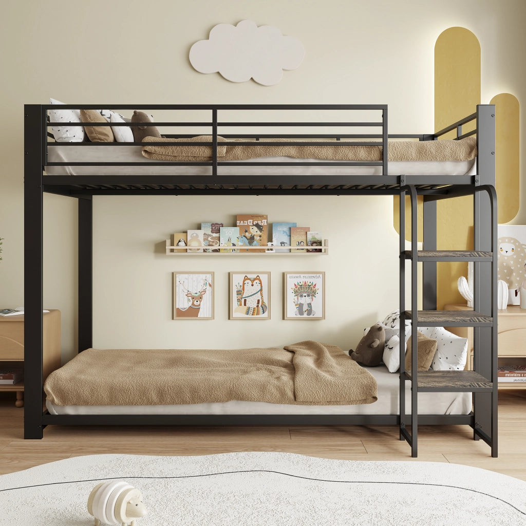 Letto a castello 90 × 200 cm con scale ampie e ripiano, per bambini e ragazzi, senza materasso, nero