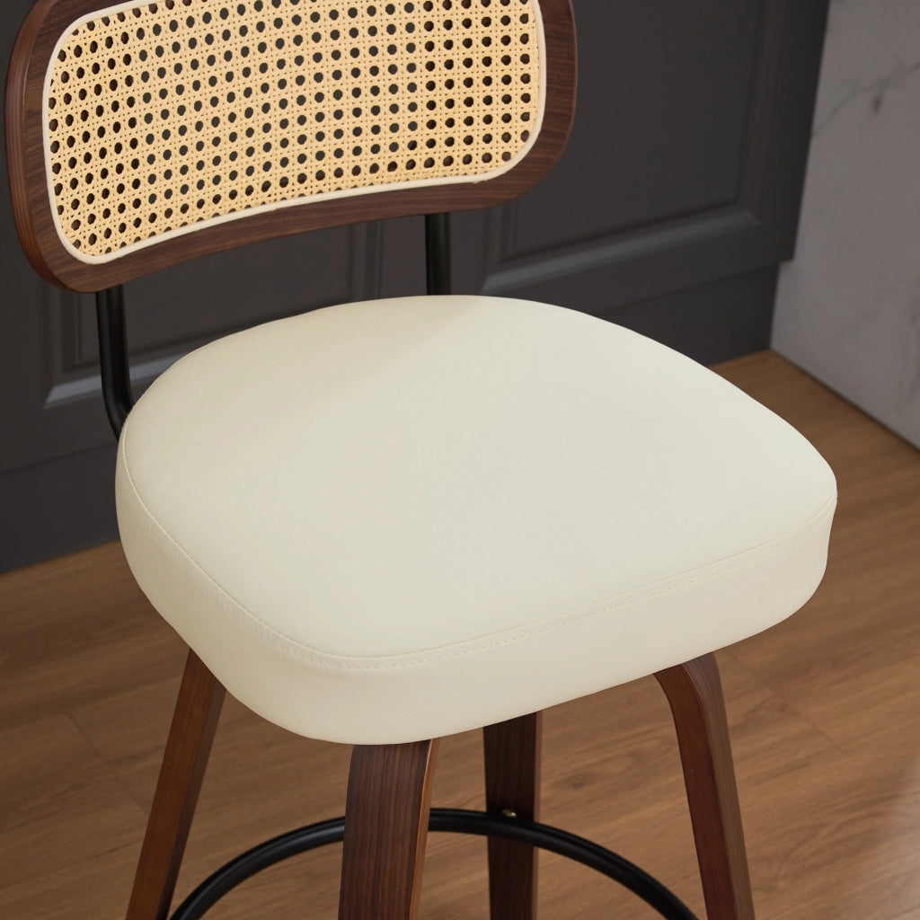 Set di 3 Sgabelli da Bar Girevoli con Schienale in Paglia di Vienna e Seduta Imbottita; Poliuretano; Beige