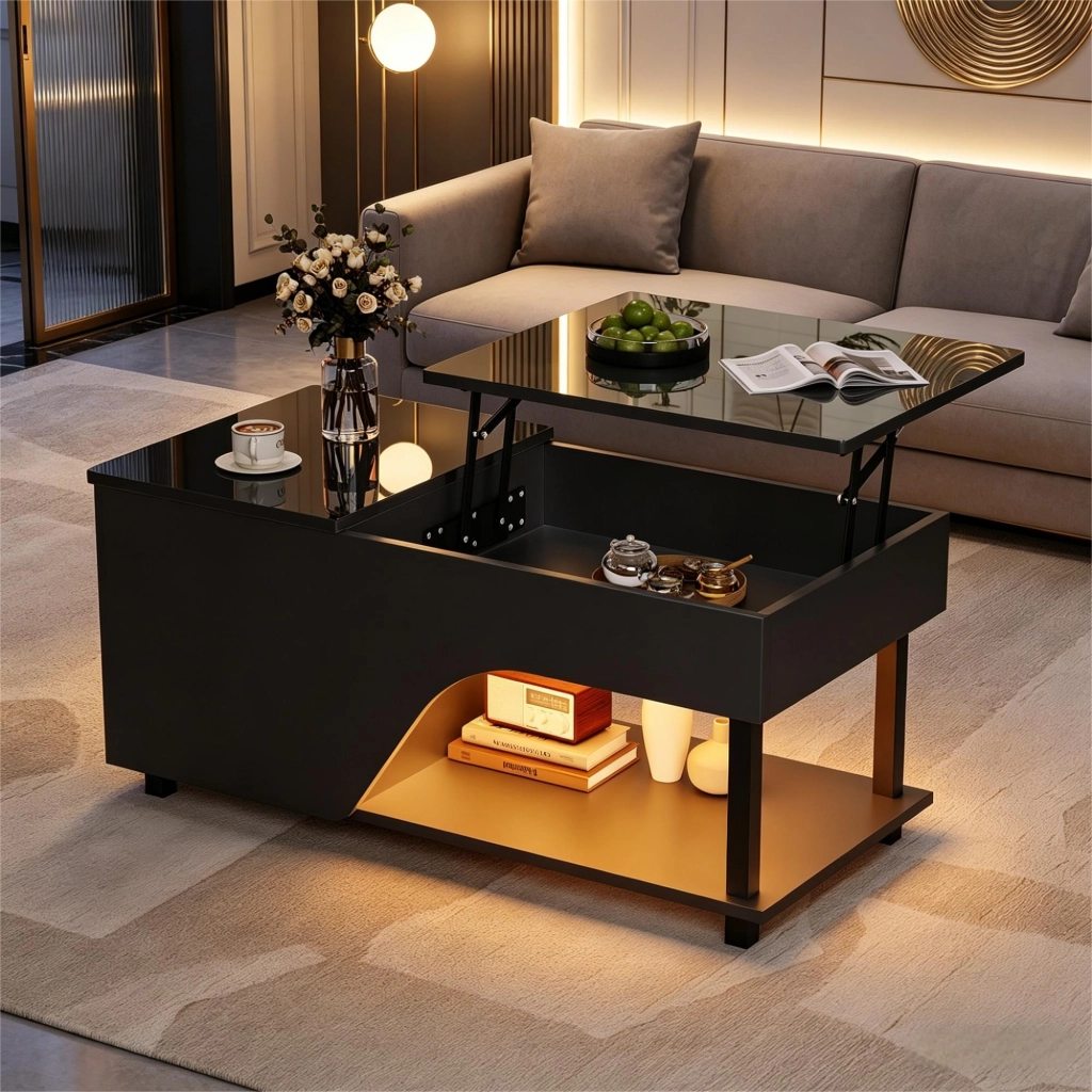 Tavolino da Caff¨¨ con LED e Vano Contenitore ¨C MINIMAL ¨C Nero Lucido 50x100x46