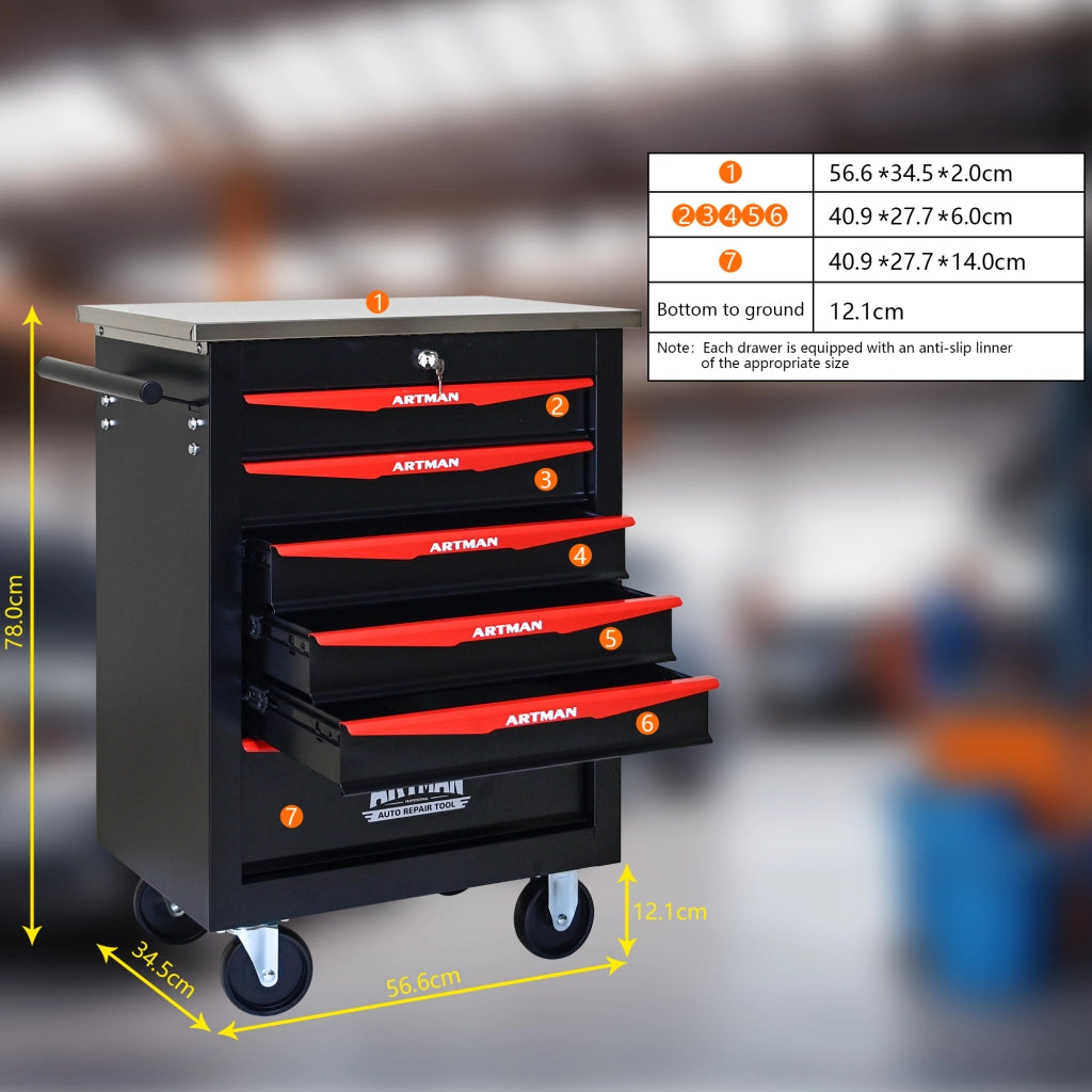 Mobile contenitore con 6 cassetti, ruote bloccabili e serratura, per garage e officina, in acciaio nero e rosso