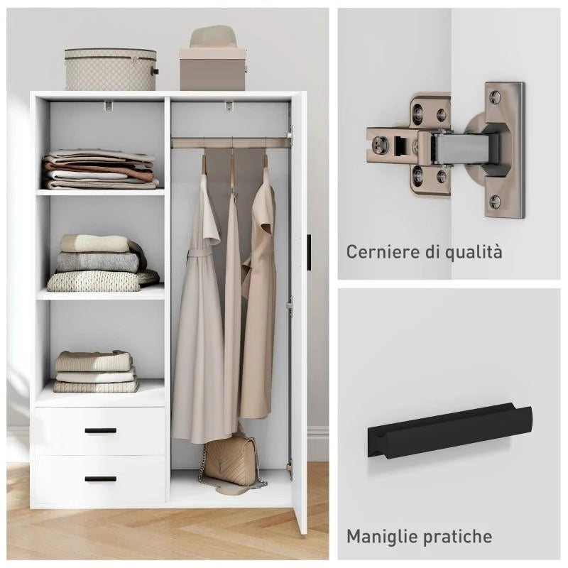 ARMADIO MODERNO CON 2 CASSETTI, RIPIANI APERTI E VANO APPENDIABITI, 80X50X124 CM, BIANCO