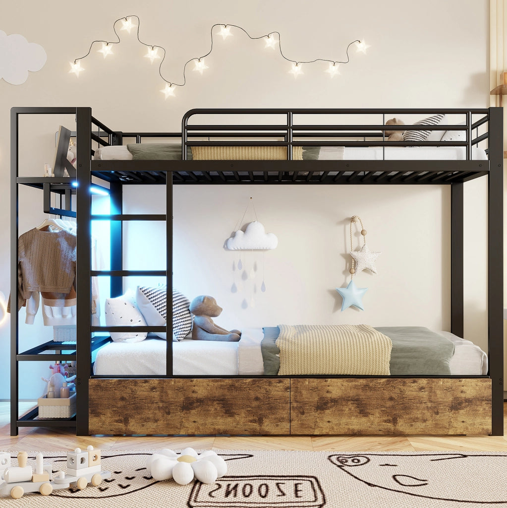 Letto a castello 90x200 cm in metallo e MDF con LED; 2 cassetti; ripiani e barra appendiabiti; nero