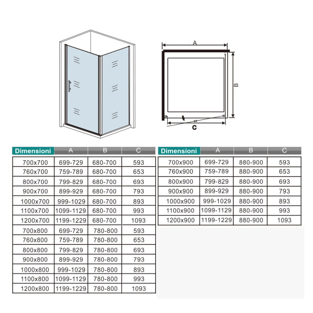 H.195 cm Box Doccia Angolare Porta Battente 100 cm Parete Fissa 70 cm Vetro 6mm Anticalcare Barra da 45 cm Cromo Lucido