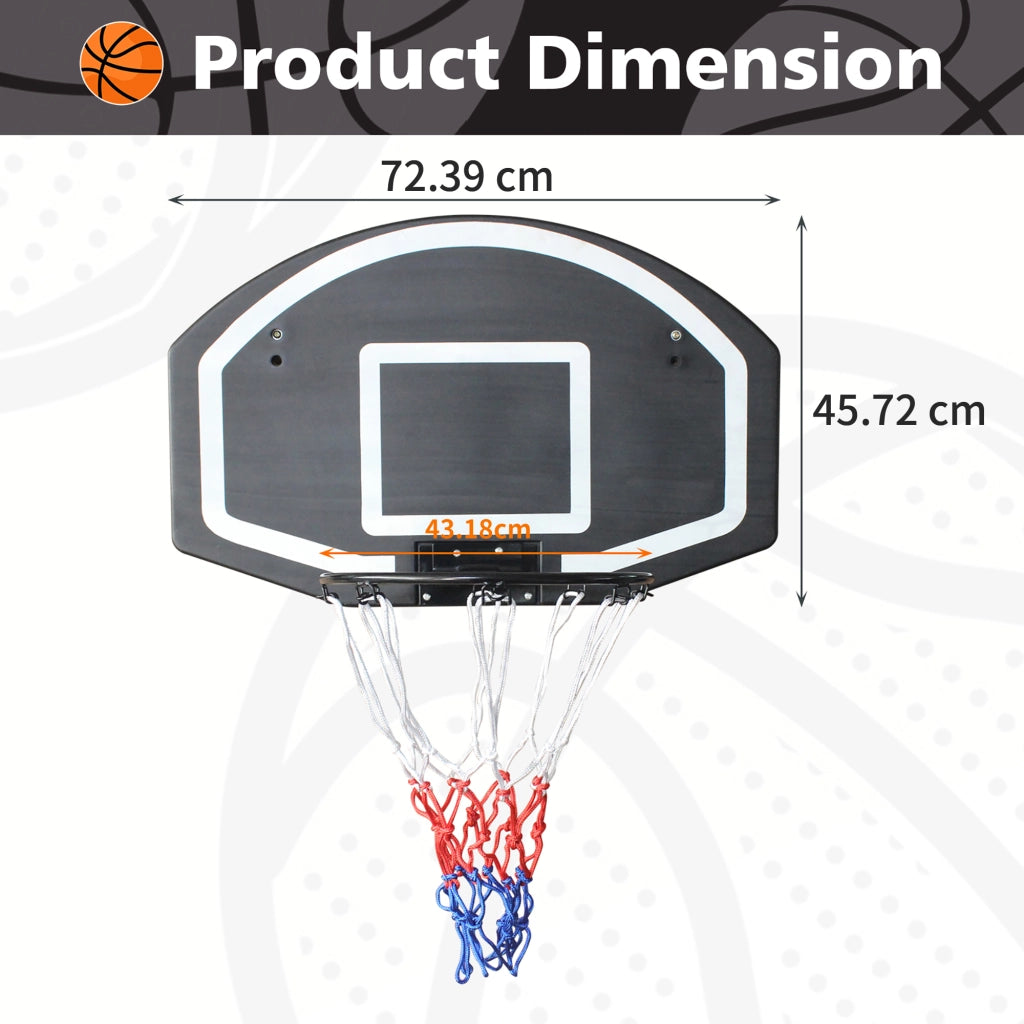Area giochi canestro da basket da parete con tabellone in PE e struttura in ferro nero 72,39 × 45,72 cm