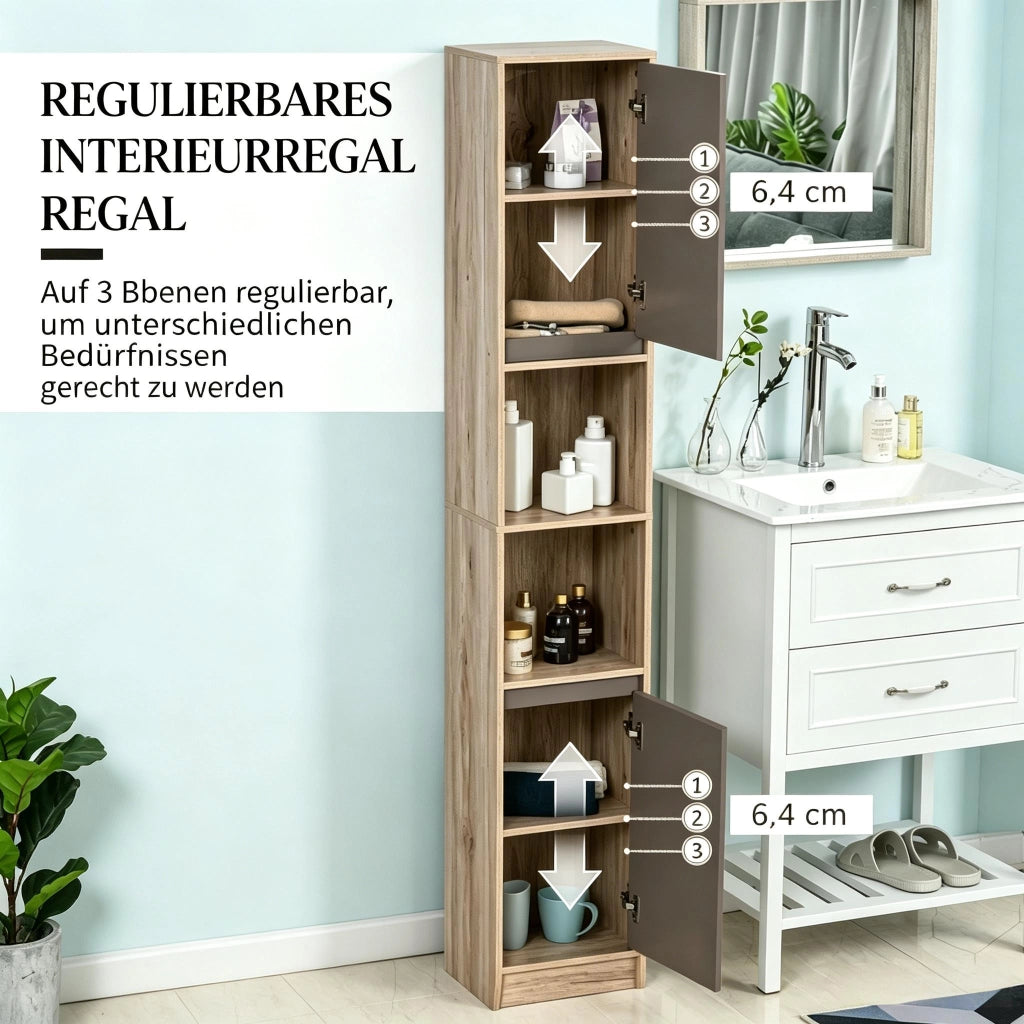 Armadietto da bagno alto e stretto con 2 ante, 2 vani aperti e ripiani regolabili, in MDF e truciolare, grigio rovere