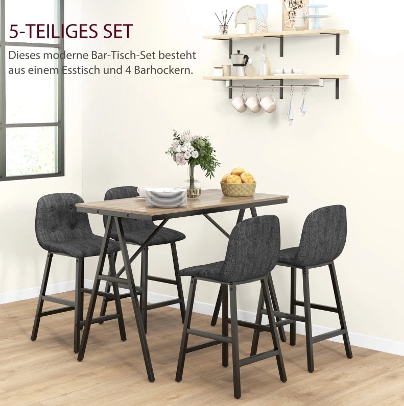Set tavolo bar con 4 sgabelli imbottiti grigio scuro