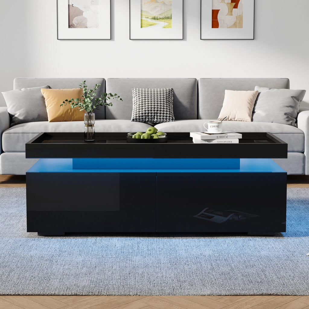 TAVOLINO DA CAFFÈ 95x45x35 cm Nero Lucido con LED e 2 Cassetti
